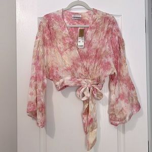Urban Outfitters Pink Tie-Dye Bell Sleeve Smocked Tie Waist Crop Top
